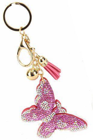 Puffy Crystal Embellished Butterfly Key Chain With Tassel. - Southern Sassy Boutique