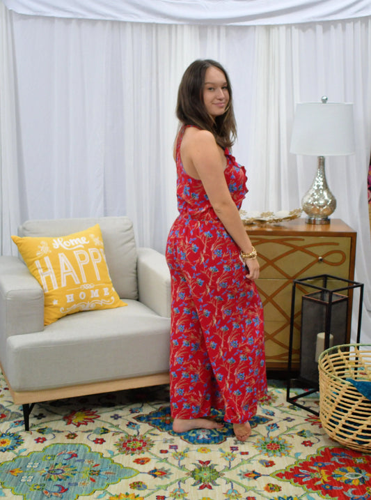 Floral Print V-Neck and Ruffle Jumpsuit - Southern Sassy Boutique