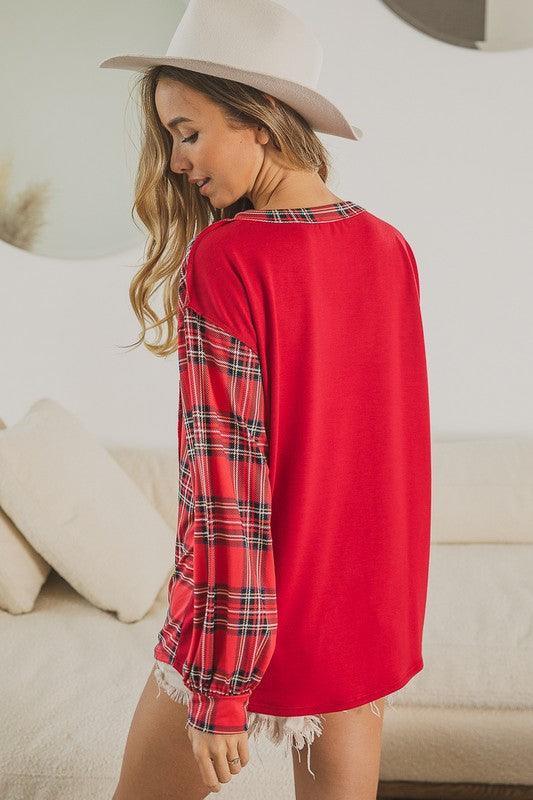 Plaid Check Color Block Buttoned Henley Top - Southern Sassy Boutique