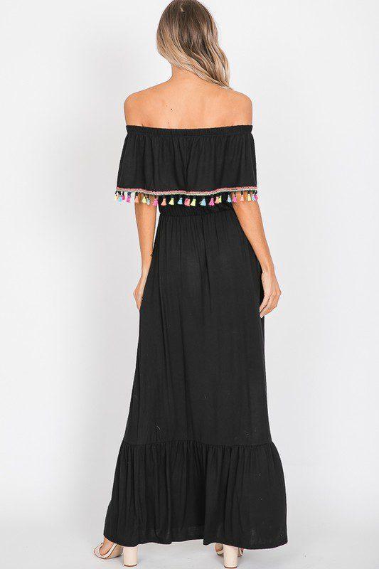 Fringe Trim Off Shoulder Maxi Dress - Southern Sassy Boutique