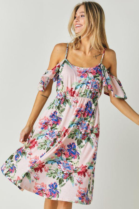 Floral Print Cold Shoulder Dress - Southern Sassy Boutique