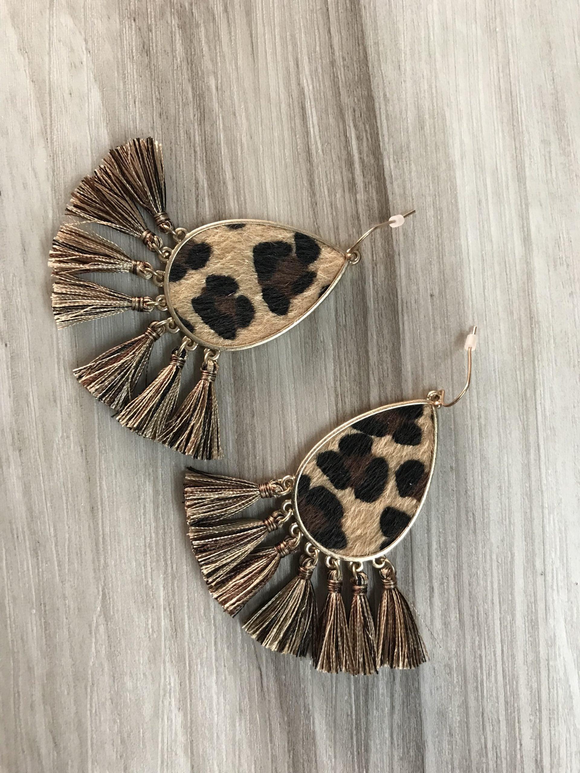 Leopard Leaf Earrings Fish Hook Faux Leather Black