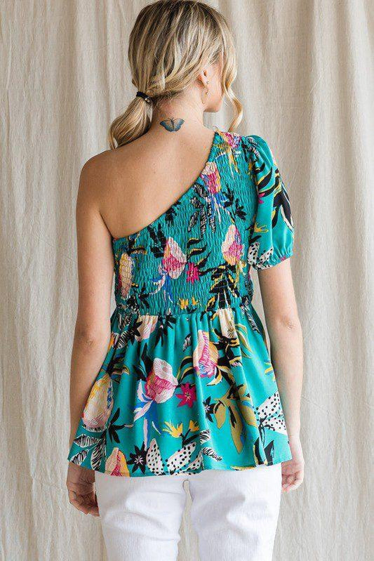 Floral Smocked One Shoulder Top - Southern Sassy Boutique