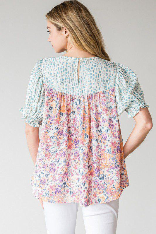 Multi Print Bubble Sleeve Blouse - Southern Sassy Boutique
