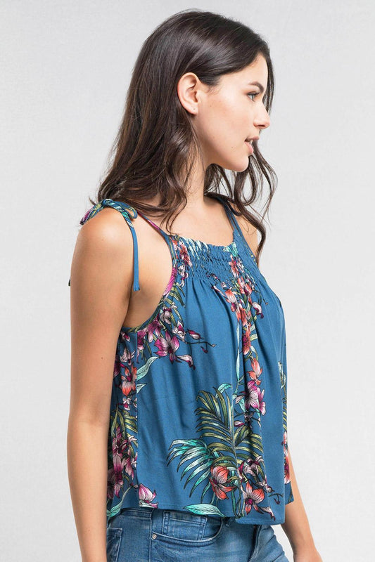 Blue Tropical Floral Tie Top - Southern Sassy Boutique