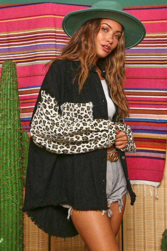 Denim Collared Button Down Top With Animal Print - Southern Sassy Boutique