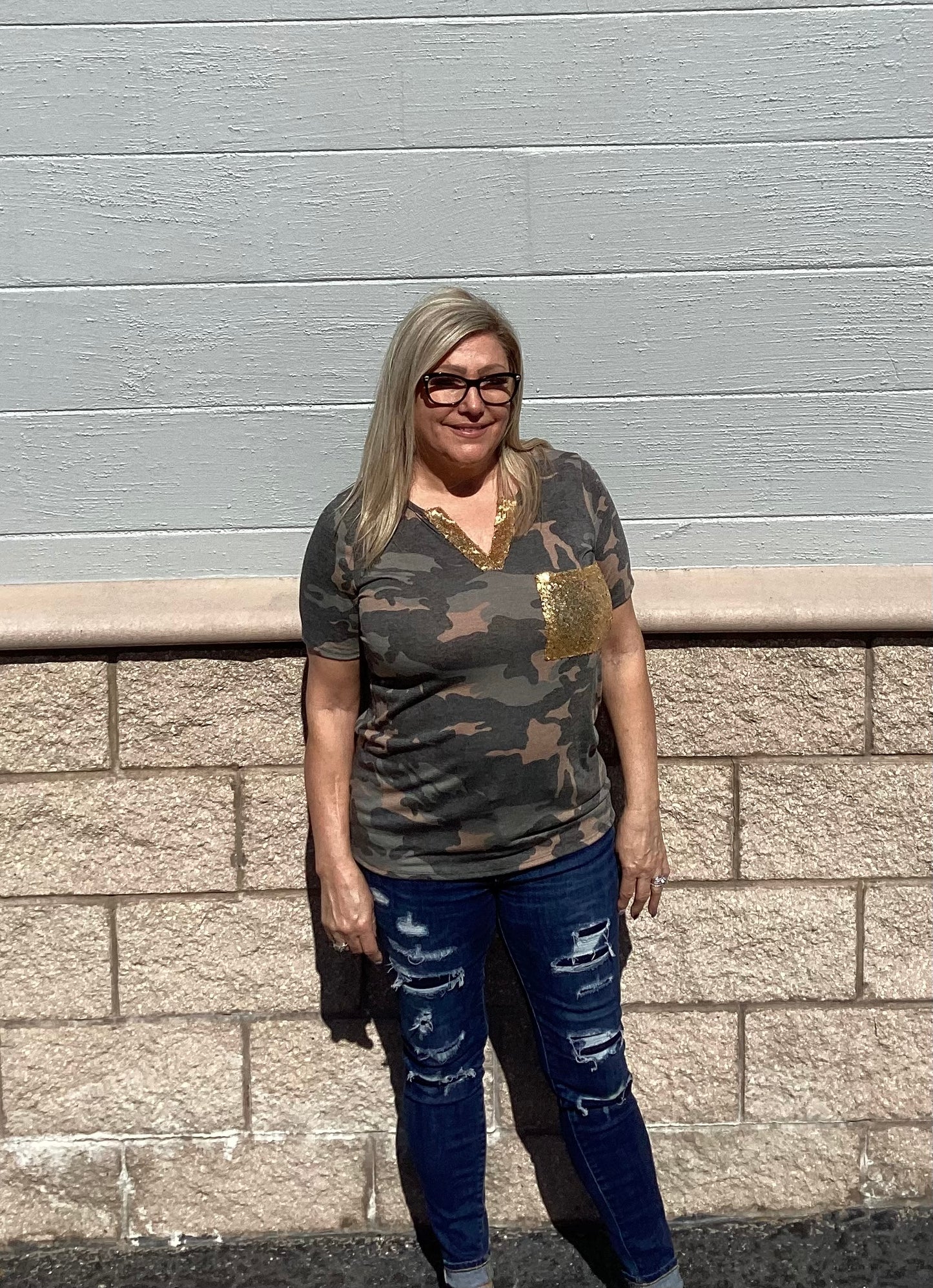 Camo Print Top Gold Sequins