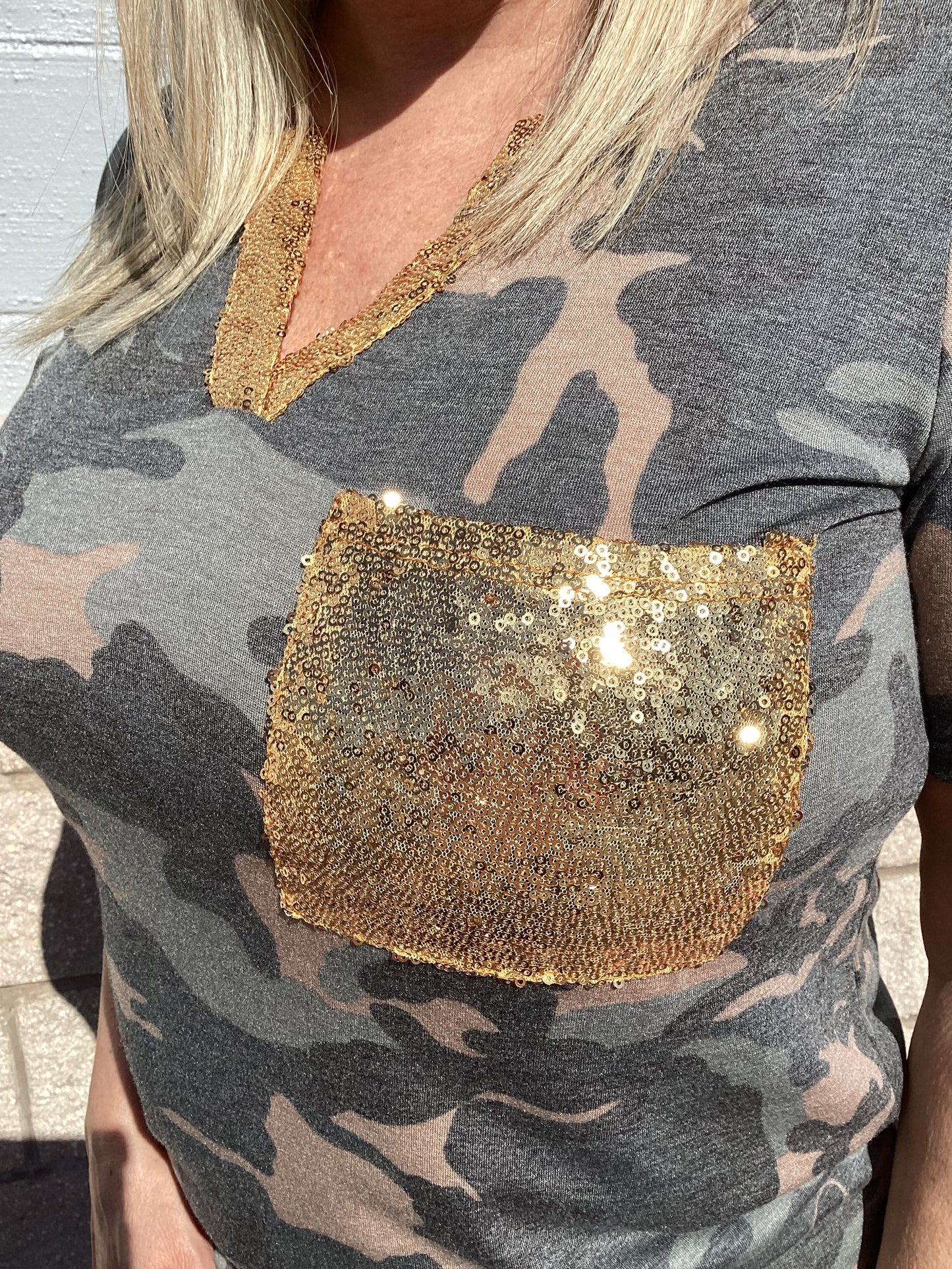 Camo Print Top Gold Sequins