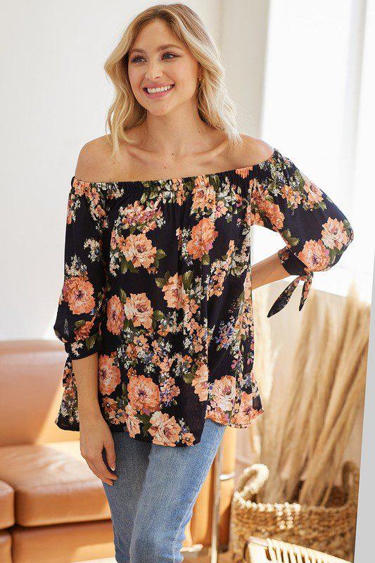 Image: Floral Off Shoulder Top Navy | Southern Sassy Boutique
