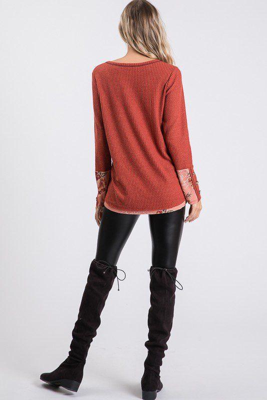 Waffle Knit Top wIth Floral Detail - Southern Sassy Boutique