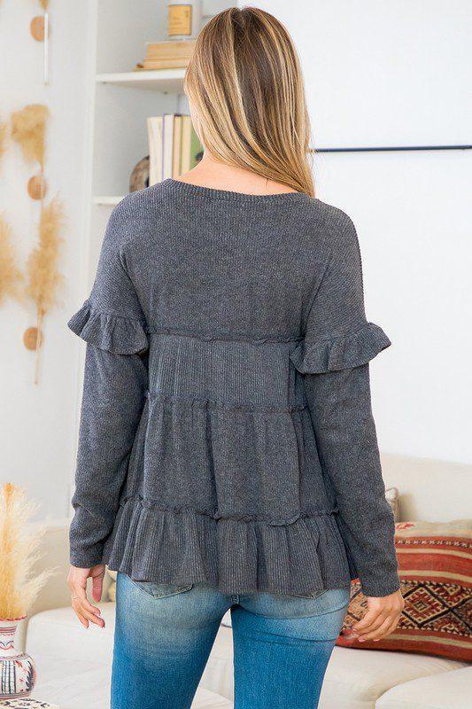Ruffle Detail Rib Long sleeve Top - Southern Sassy Boutique