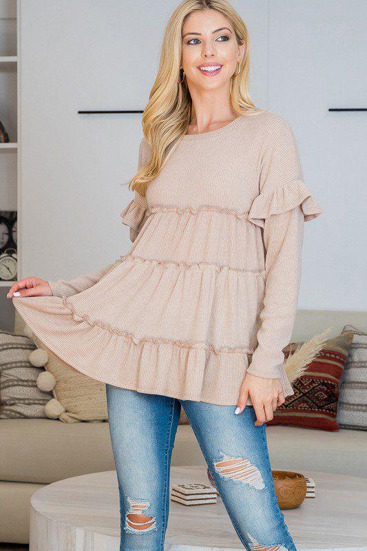 Ruffle Detail Rib Long sleeve Top - Southern Sassy Boutique