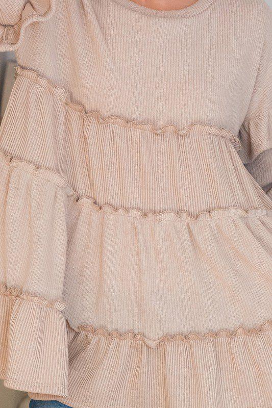 Ruffle Detail Rib Long sleeve Top - Southern Sassy Boutique