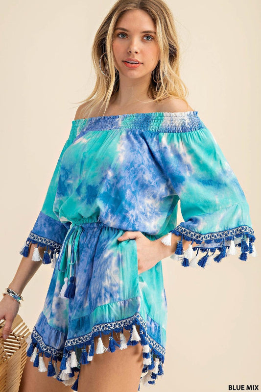 Tie Dye Off Shoulder Romper with Tassels - Southern Sassy Boutique