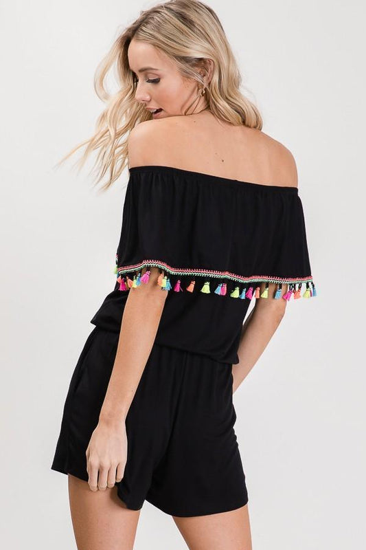 Off the Shoulder Romper with Fringe Trim - Southern Sassy Boutique