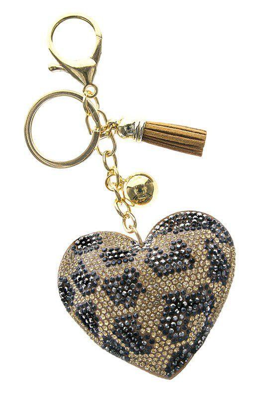 Leopard Print Crystal Embellished Puffy Heart Key Chain With Tassel. - Southern Sassy Boutique