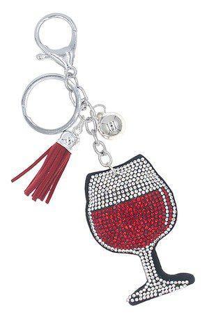 Puffy Crystal Embellished Wine Glass Key Chain With Tassel. - Southern Sassy Boutique