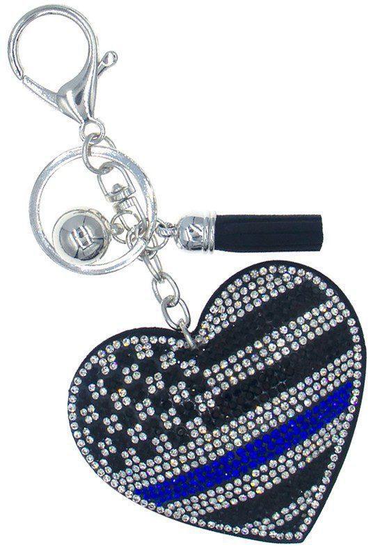 Blue Line American Flag Heart Crystal Key Chain - Southern Sassy Boutique