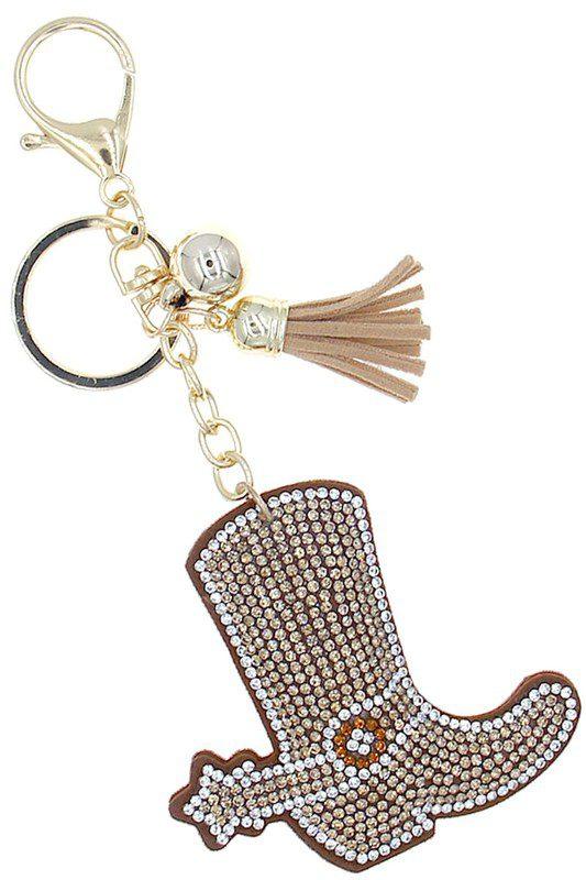 Image: Brown Crystal Cowboy Boot Puffy Key Chain | Southern Sassy Boutique