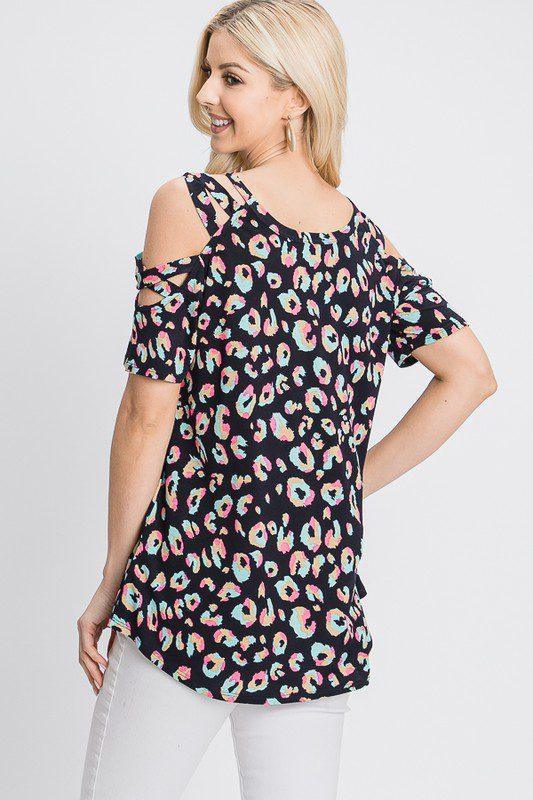 Animal Print Criss Crossed Cold Shoulder Top - Southern Sassy Boutique