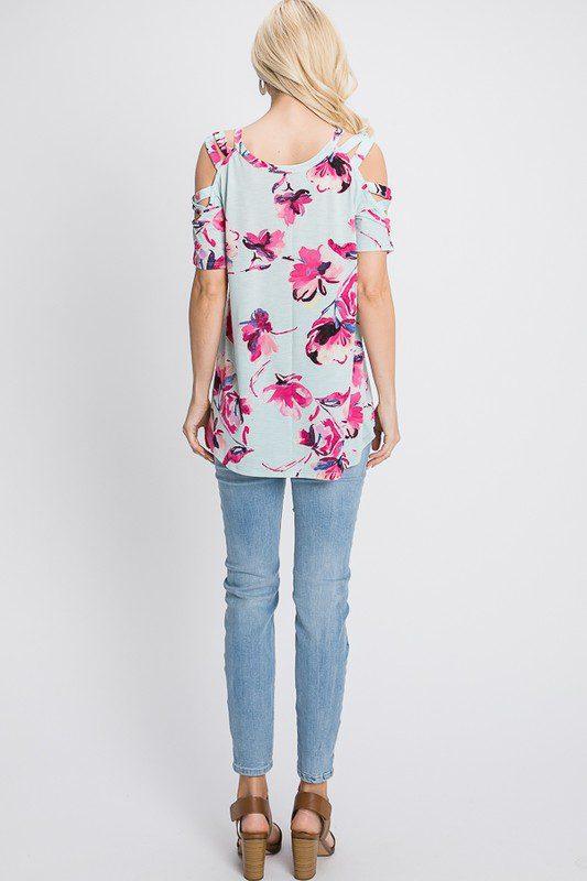 Floral Criss Crossed Cold Shoulder Top - Southern Sassy Boutique