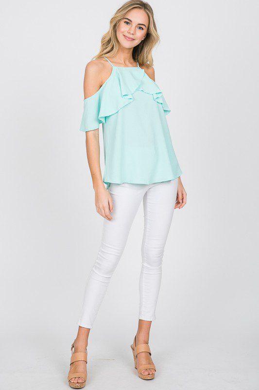 Image: Cold Shoulder Ruffle Top Aqua | Southern Sassy Boutique