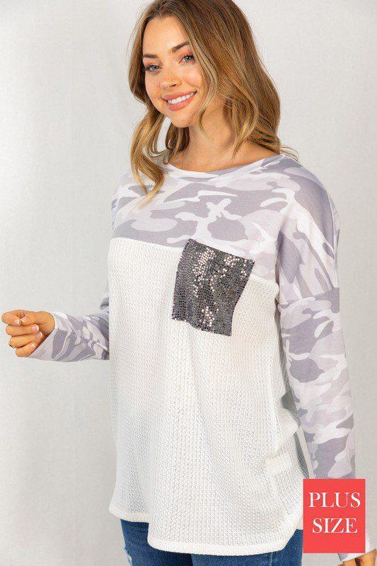 Camouflage Long Sleeve Knit Top with Sequence Pocket - Southern Sassy Boutique