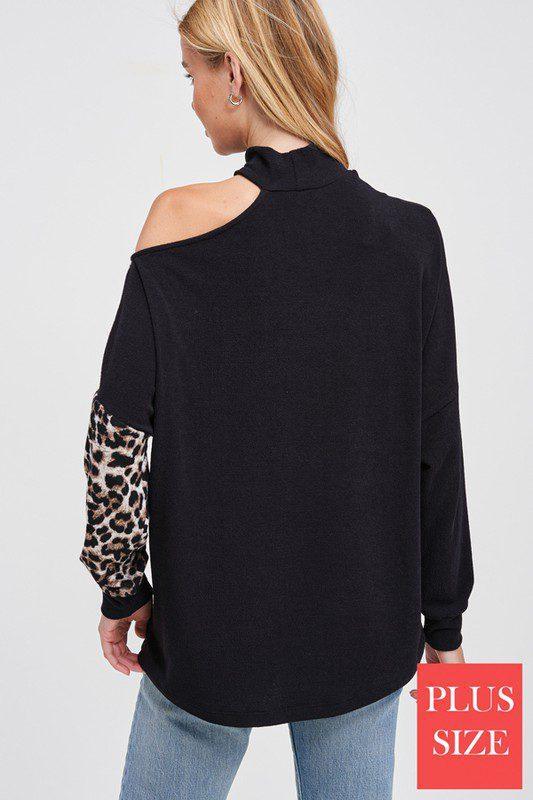 Long Sleeve Solid and Animal Print Cold Shoulder Top - Southern Sassy Boutique