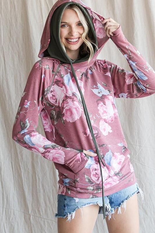 Floral Print Hoodie with Front Pockets - Southern Sassy Boutique