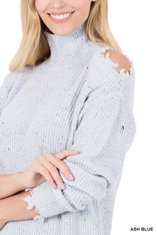 Speckled Cutout Distressed Sweater - Southern Sassy Boutique