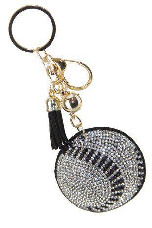 Puffy Crystal Embellished Baseball Key Chain With Tassel. - Southern Sassy Boutique