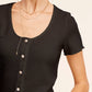 Stretchy Brushed Waffle Knit Short Sleeve Button Top