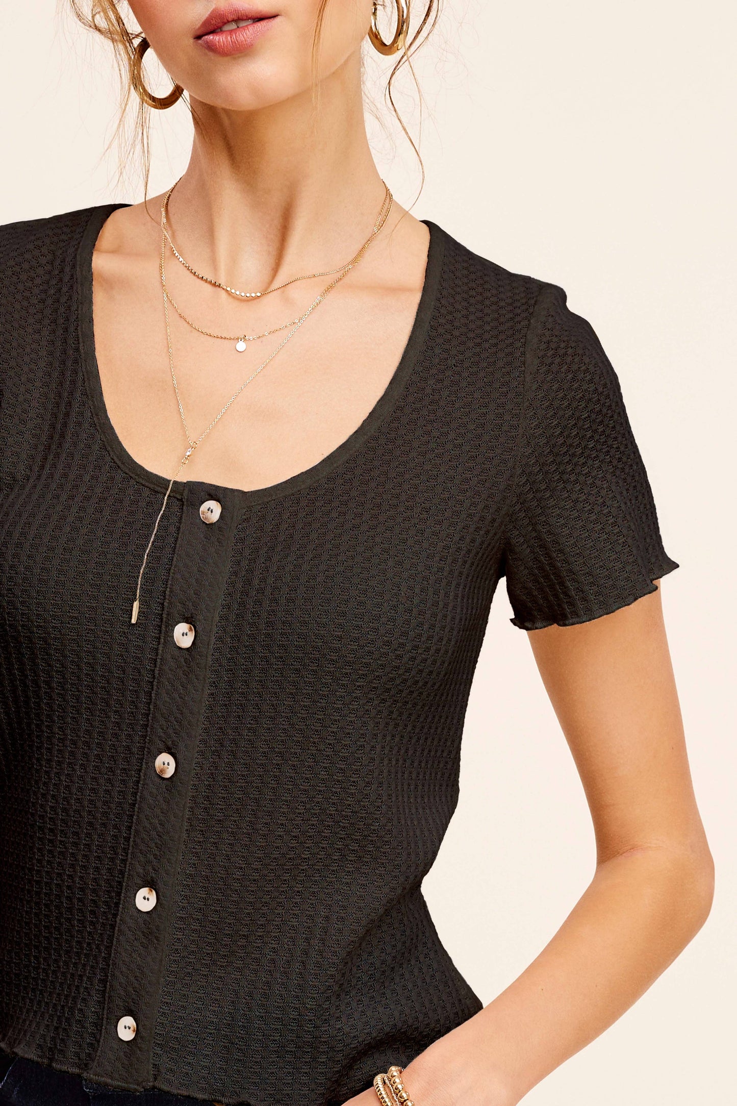 Stretchy Brushed Waffle Knit Short Sleeve Button Top