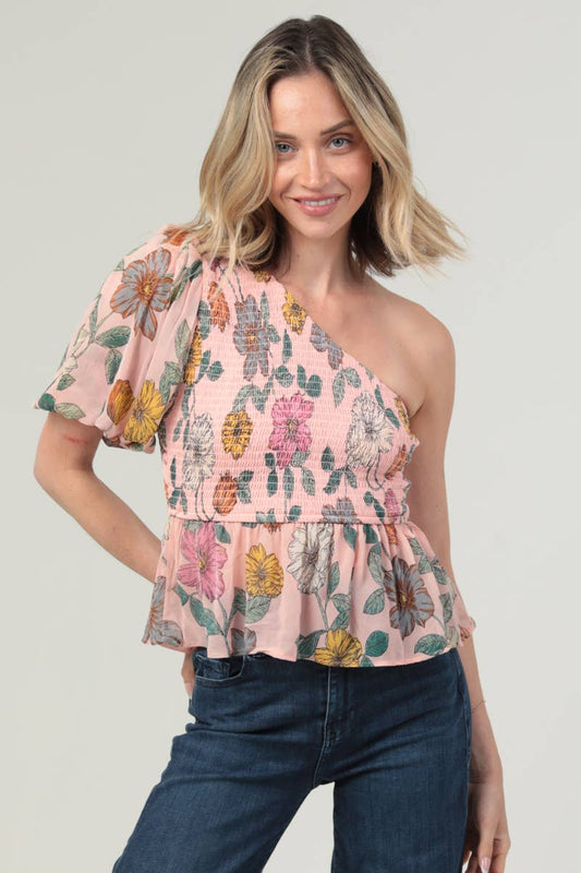 Chiffon One Shoulder Smocked Bodice Peplum Top
