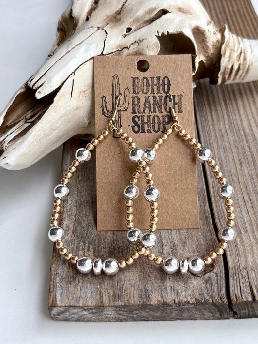 Pearl Bead Statement Teardrop Hoop Dangle Drop Earrings