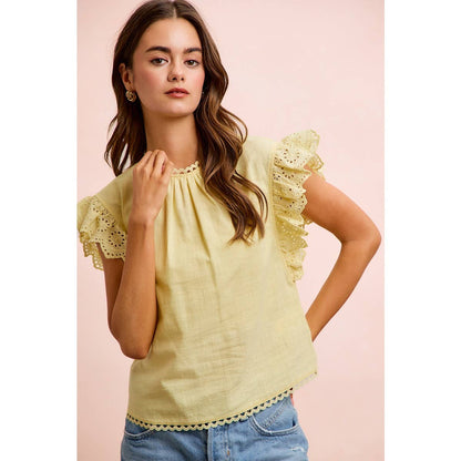 COTTON SOLID RUFFLE SLEEVE LACE DETAIL BLOUSE TOP