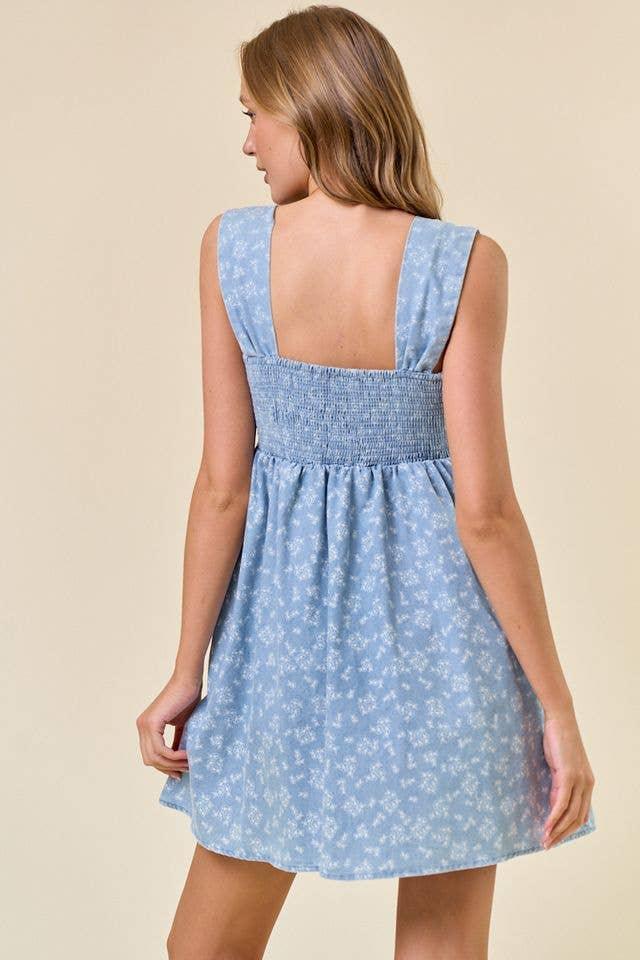 Floral Chambray Denim Mini Dress - Southern Sassy Boutique