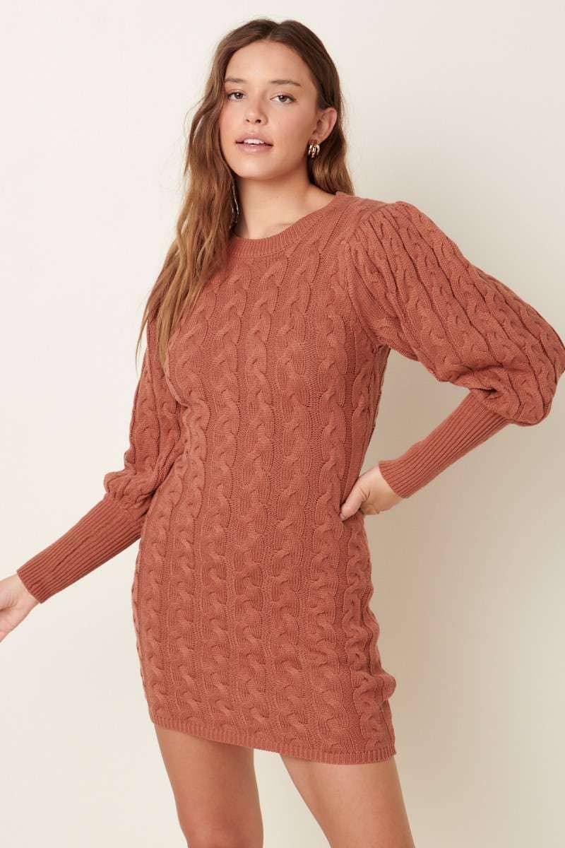 CABLE DETAIL PUFFSLEEVE SWEATER DRESS - Southern Sassy Boutique