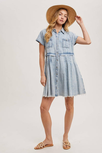DENIM BUTTON DOWN SHIRT MINI DRESS - Southern Sassy Boutique