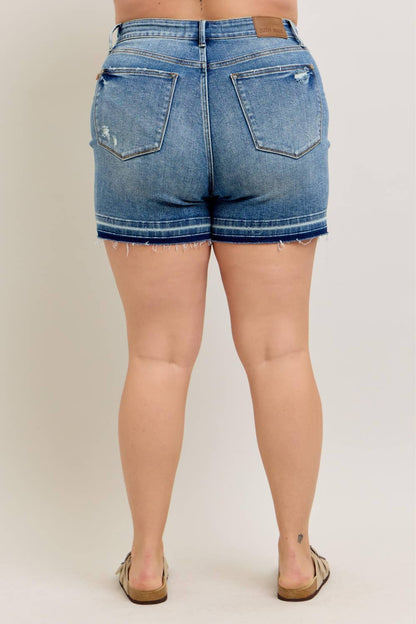 Mid Rise Tummy Control Vintage Wash Release Hem Shorts - PLUS