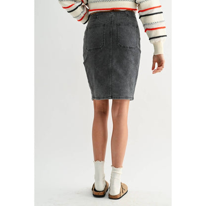 Washed Dark Grey Button Slit High-rise Denim Skirt