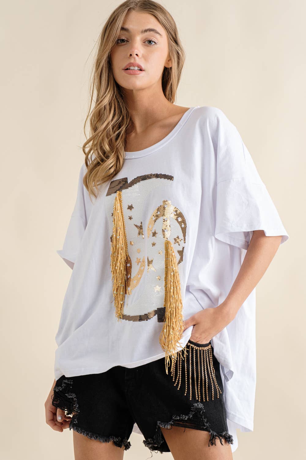 Distressed Frayed Detail Fringe Rhinestone Denim