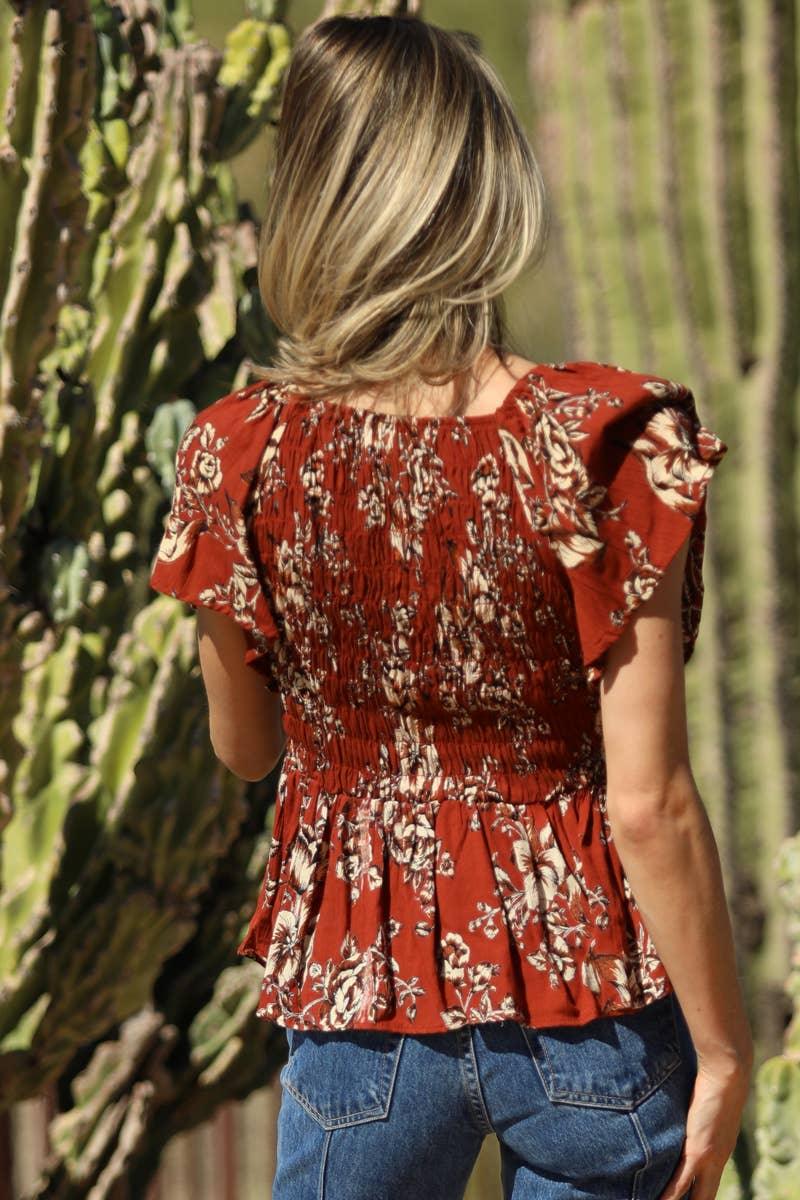 V NECK SMOCKED BODICE FLORAL PRINT BLOUSE - Southern Sassy Boutique