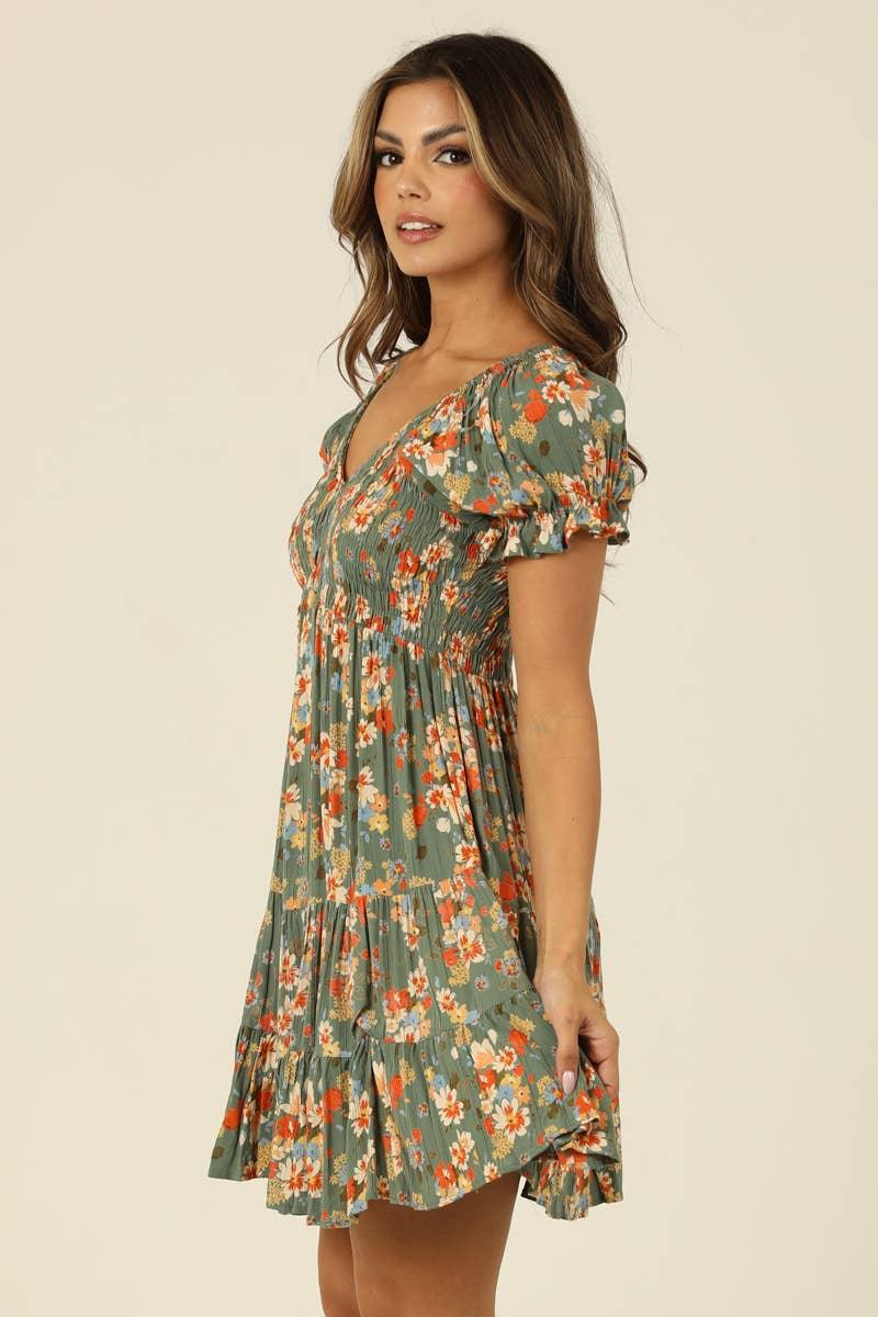 V NECK SMOCKED BODICE SHORT SLEEVE DRESS - Southern Sassy Boutique