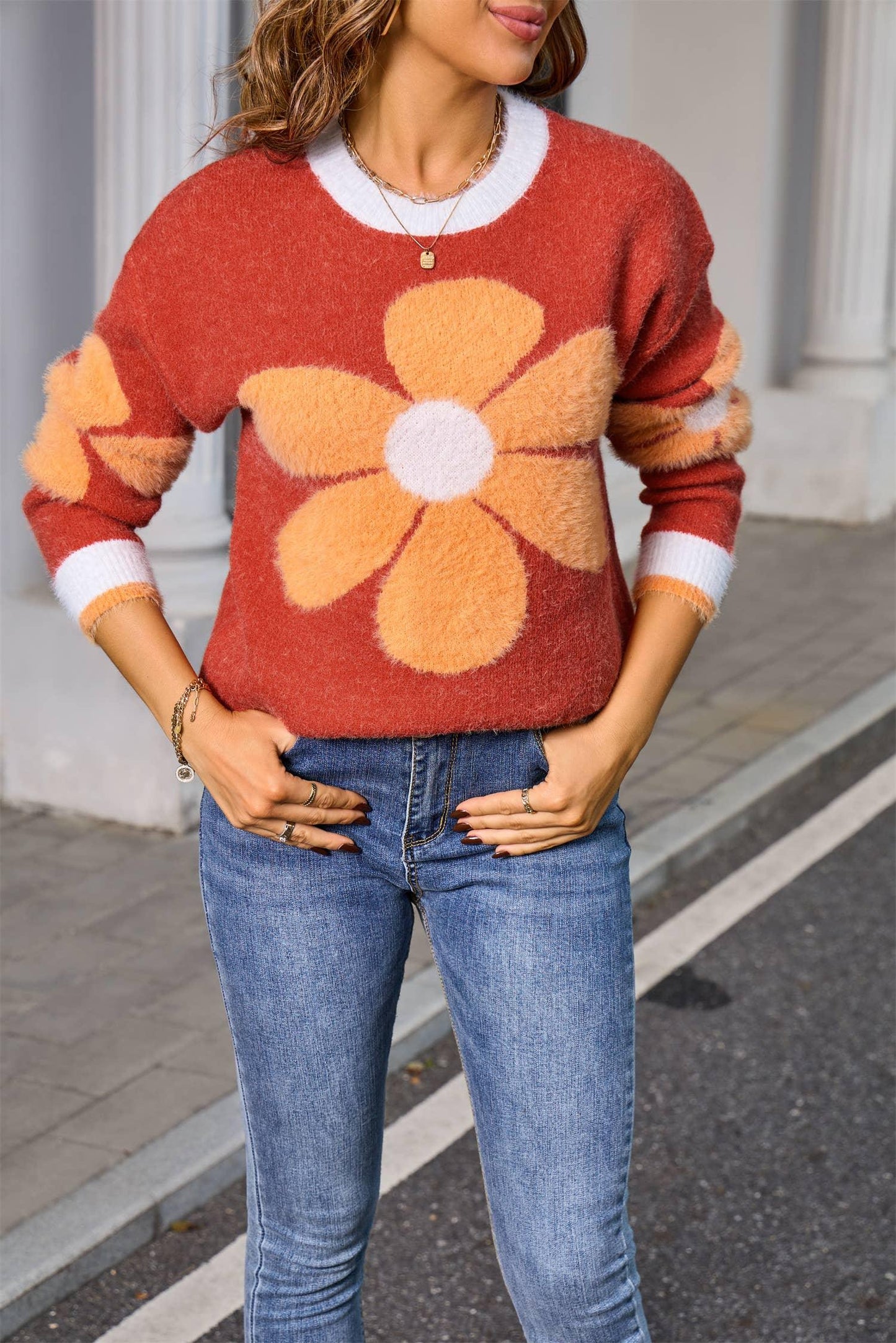 Fuzzy Flower Knit Sweater SZ53-SW9371 - Southern Sassy Boutique