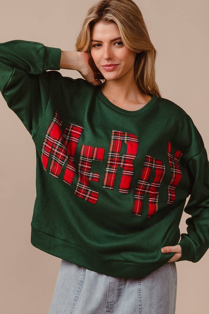 Plaid Merry Lettering Christmas Fleece Sweatshirt