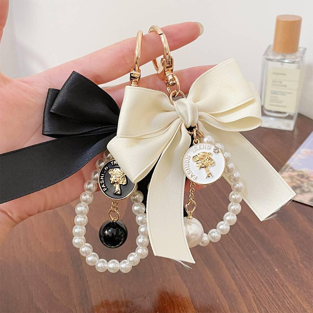 Ribbon Large Bow Pearl Bag Accessory Keychain - Southern Sassy Boutique