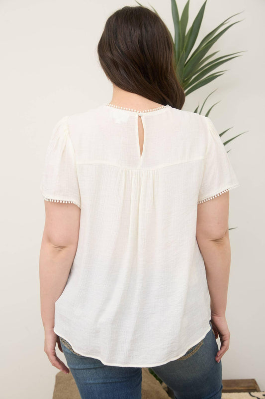 PLUS SHEER LACE YOKE SHORT SLEEVE POM POM BLOUSE - Southern Sassy Boutique
