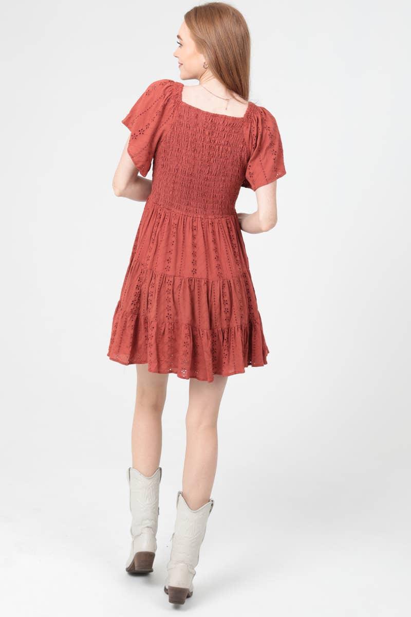 V NECK SMOCKED BODICE EYELET EMBROIDERED DRESS - Southern Sassy Boutique