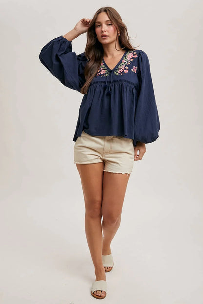 FLORAL EMBROIDERY BUBBLE SLEEVED BABYDOLL TOP - Southern Sassy Boutique